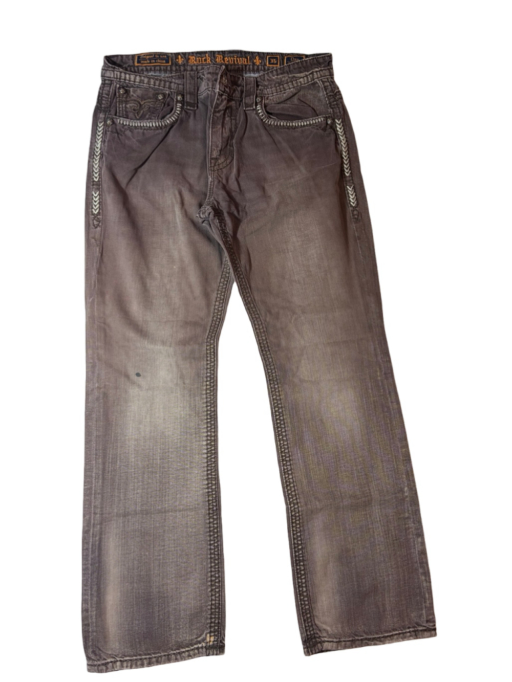 Rock Revival Dan Straight Men’s Jeans Size 36 Brown Distressed Contrast Stitch